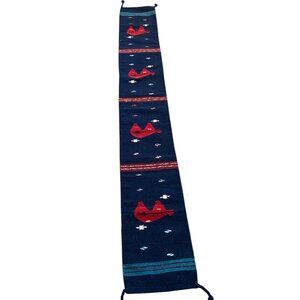 Handwoven Mexican ZAPOTEC Navy Wool Table Runner Red Bears Cloud Tassels 79"x10"